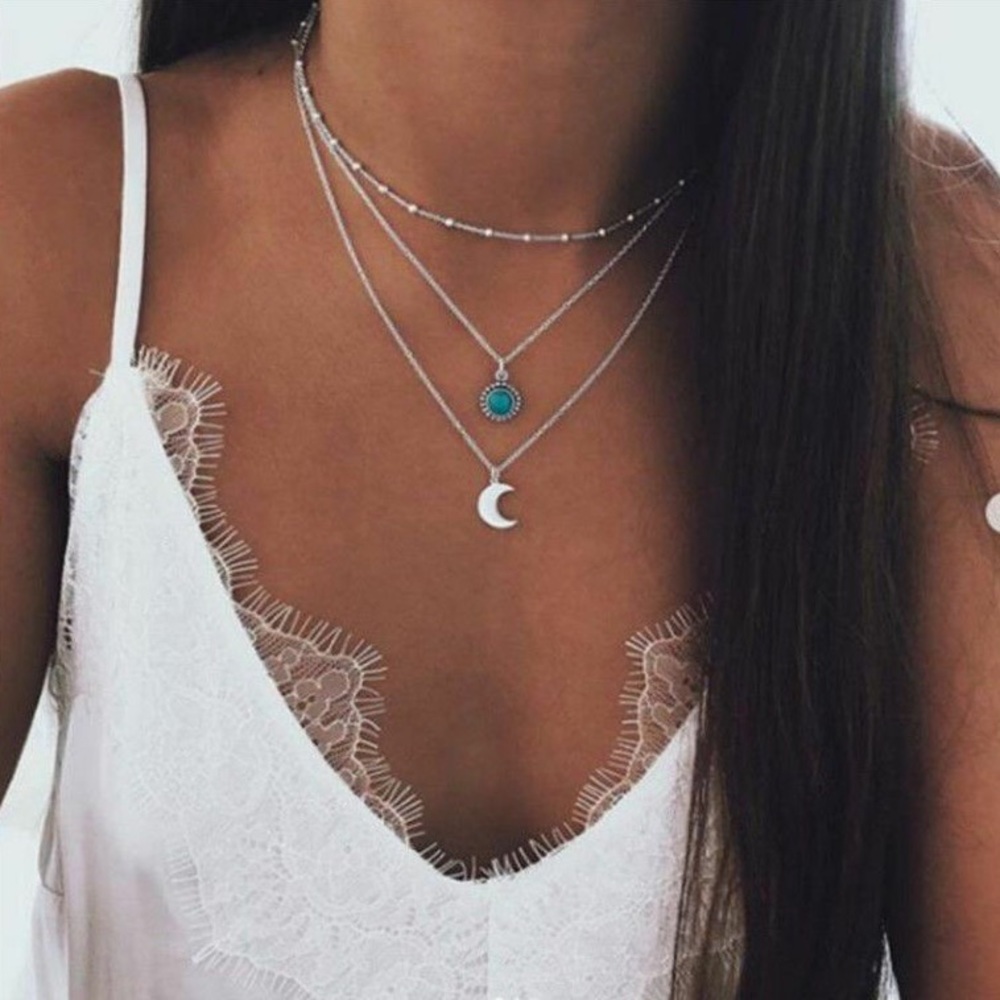 2/$10 NEW! Moon Multilayer Choker Necklace Turquoise Boho Summer Trendy Pendant